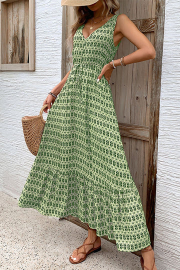 Green Floral V-Neck A Line Long Summer Dress